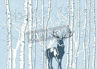Fototapete Grafische Birken und Hirsch