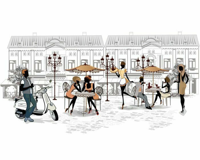 Fototapete Ein Café in der Altstadt im grafischen Stil