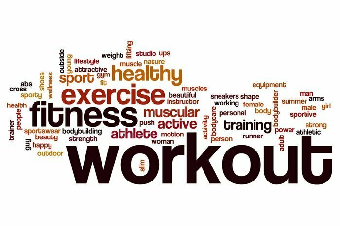 Sticker Wortwolke mit Fitness-Slogans auf weißem Hintergrund