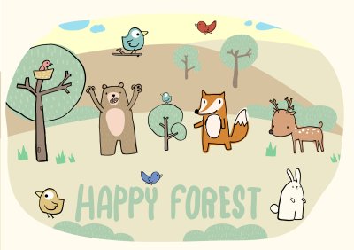 Sticker Glückliche Wald- und lustige Tieransammlung, Vogel, Fuchs, Bär, Rotwild, Kaninchen