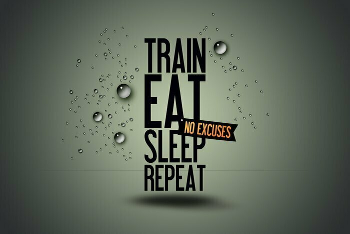 Sticker Illustration Motivierende Typografie Zitat - Workout Fitness Motivation - Zug - Essen - Sleep - Repeat - Fitness-Center Website