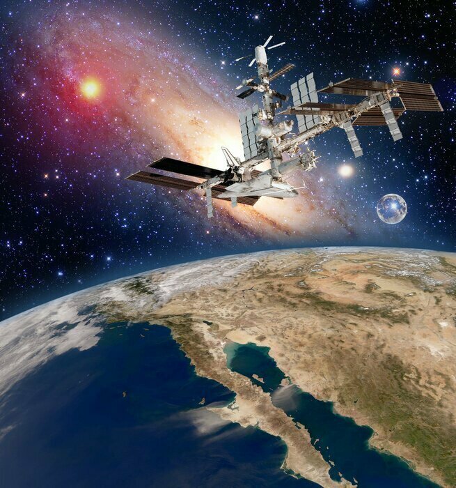 Fototapete Blick aus dem Weltraum auf die Erde und einen Satelliten