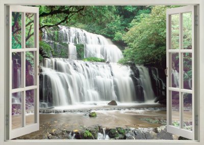 Fototapete Blick durch ein Fenster auf einen Wasserfall