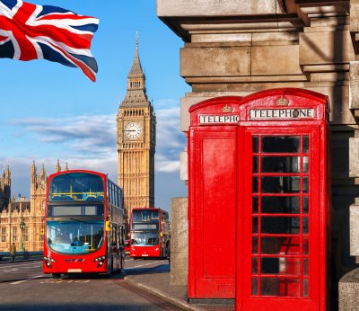 Poster London und die Symbole Flagge Big Ben Bus