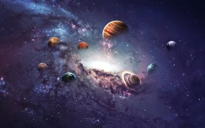 Fototapete Planeten im Weltall mit einer Galaxie
