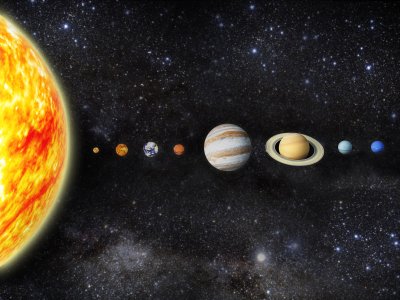 Fototapete Sonne und Planeten des Sonnensystems mit 3D-Effekt