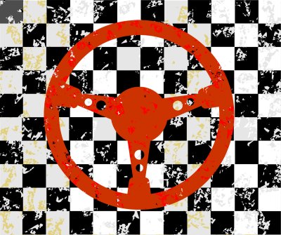 Poster Auto-Lenkrad auf einem Grunge karierten Hintergrund