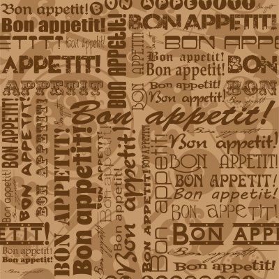 Tapete Aufschrift „Bon appetit” in verschiedenen Schriftarten