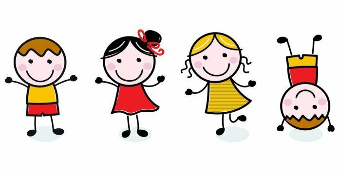 Sticker Doodle glückliche Kinder Gruppe isoliert auf weiß