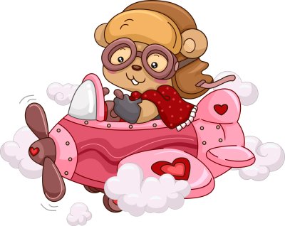 Sticker Illustration eines weiblichen Bären Reiten ein nettes rosa Flugzeug